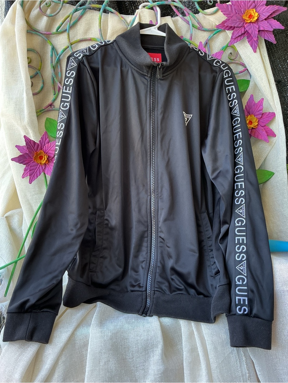 Unisex GUESS Black Full-Zip Track Jacket with Logo Sleeve Tape